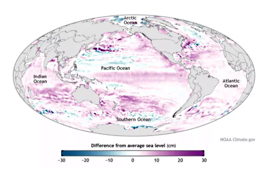 Sea level rise comparison from 1993 up to 2013. Image Credit: National Oceanic and Atmospheric Administration, Climate.gov