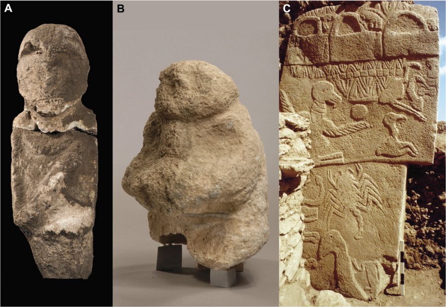 (A) Intentionally decapitated human statue, Nico Becker. (B) The gift bearer holds a human head in his hands, Dieter Johannes. (C) Pillar with low relief of an ithyphallic headless individual, one arm raised, Klaus Schmidt.