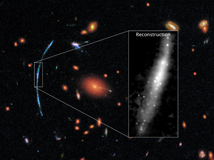 Composite image of galaxy cluster SDSS J1110+6459 with a reconstruction of the group of stars without gravity lensing. Image Credit: NASA, ESA, and T. Johnson (University of Michigan)