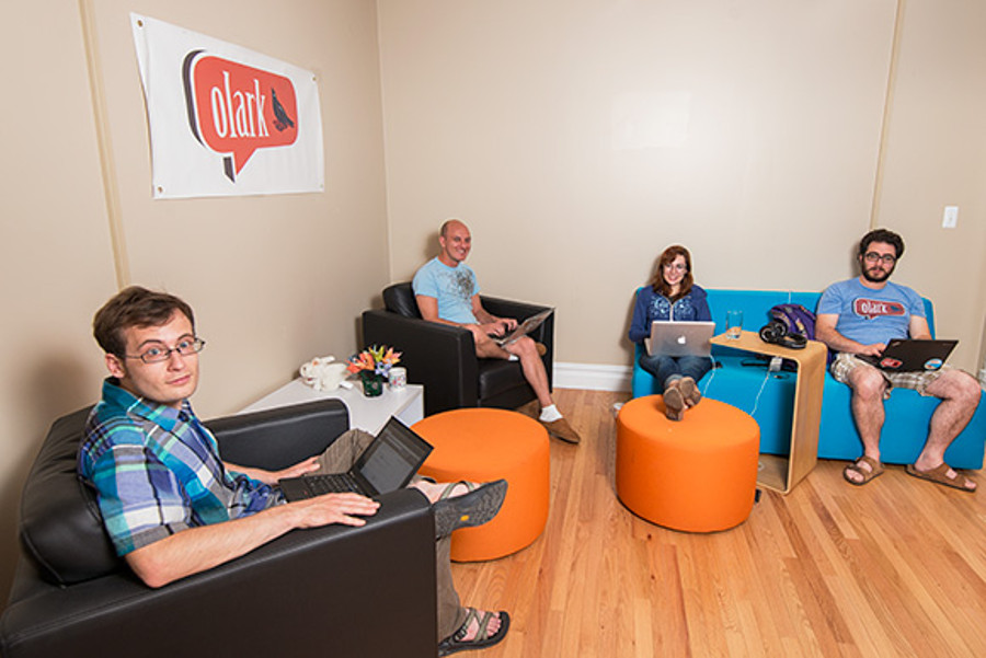 Zach Steindler, Nick Oliverio, Madalyn Parker and Brandon Dimcheff at Olark's office. Image Credit: Jon Zemke / Second Wave Media