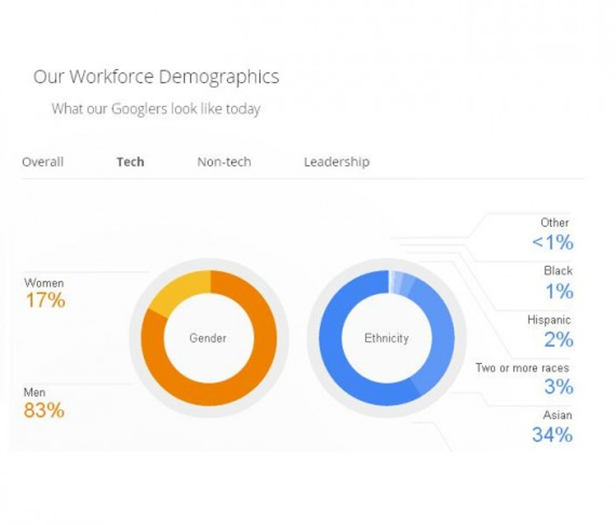 Google's workforce chart divided by gender as of May 2014. Image Credit: Google