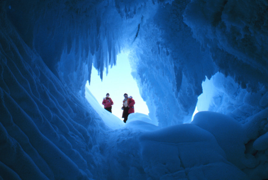 The team was stationed at Mount Erebus when they discovered the cave systems, which were carved out of the ice steam from the active volcano. Image credit: Pinterest