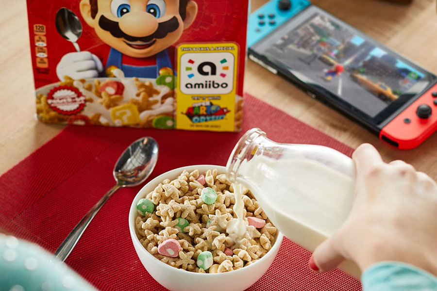 Mario turning cereal, Kellogg's and Nintendo, Plumber, Amiiba, Nintendo and Kellogg's cereal, New Super Mario cereal