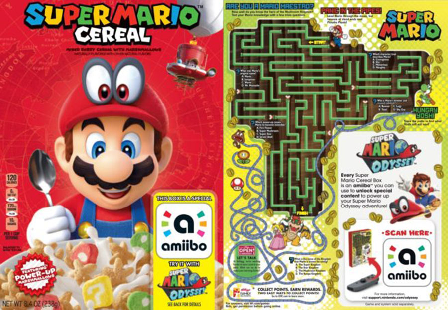 Mario turning cereal, Kellogg's and Nintendo, Plumber, Amiiba, Nintendo and Kellogg's cereal, New Super Mario cereal